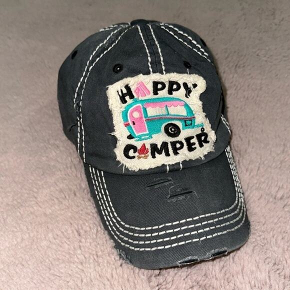 Happy Camper Patch Hat Distressed Logo Kbethos Golf Beach Vacation Baseball Cap - Picture 1 of 6